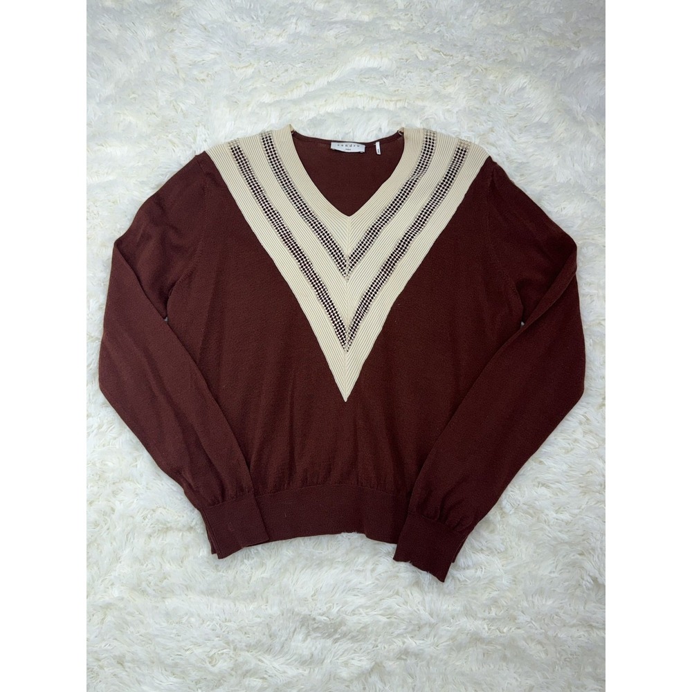 Sandro Paris Womens Burgundy Wool Blend V-Neck Varsity Knit Sweater M